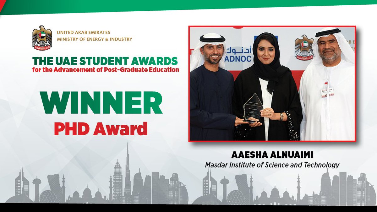gulf_intel's tweet photo. Congratulations to Aaesha Alnuaimi @MasdarInst for winning the PhD category at the inaugural UAE Student Awards for the Advancement of #PostGraduate Education #WomenEmpowerment @MOEIUAE @NYUAbuDhabi #giforum https://t.co/Gj7C0V9iaz