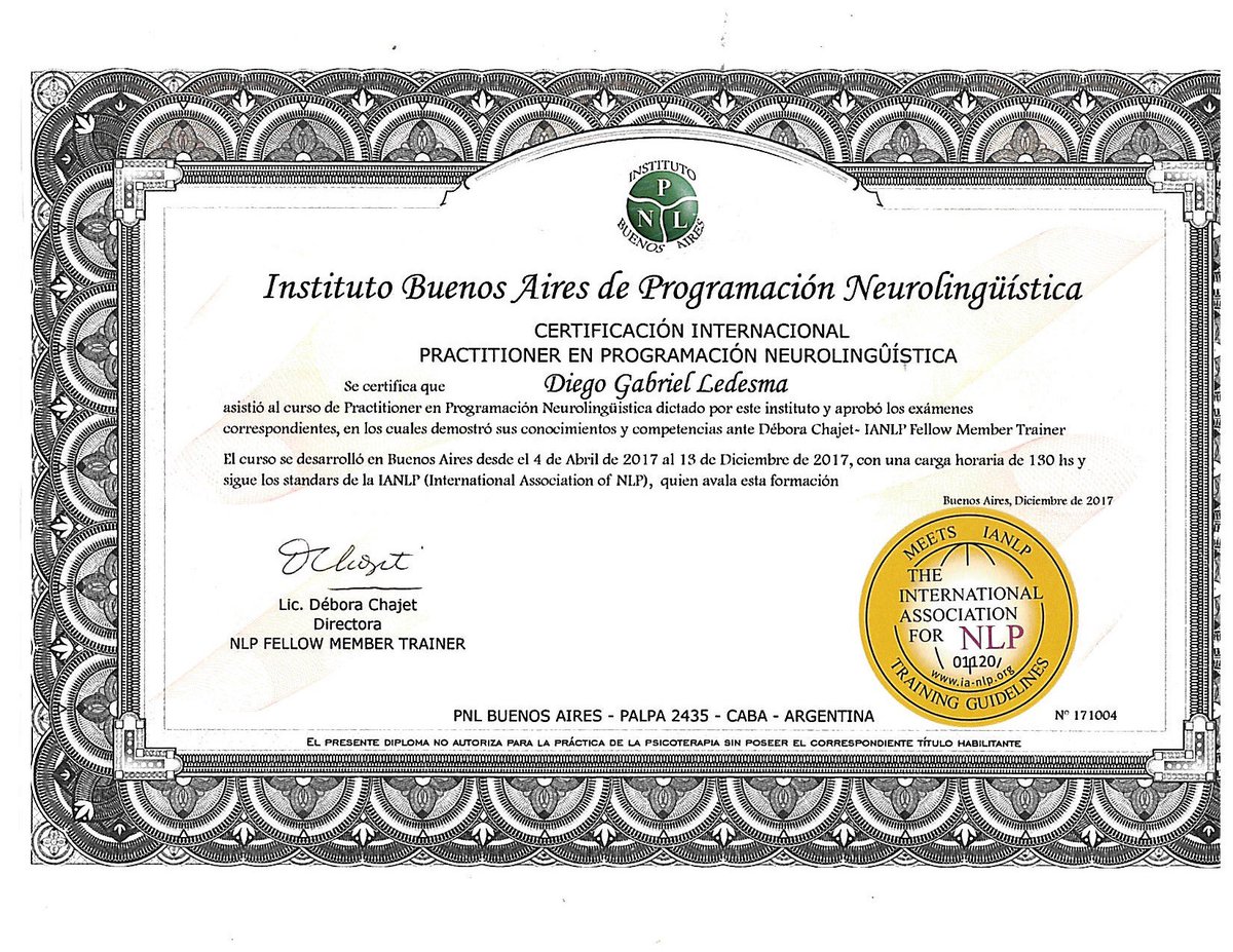 dgledesma's tweet photo. 👉 Feliz de sumar nuevas distinciones y certificaciones internacionales. #NLP  #PNL @pnlbaires #IANLP https://t.co/p1ZxgB8Ooj