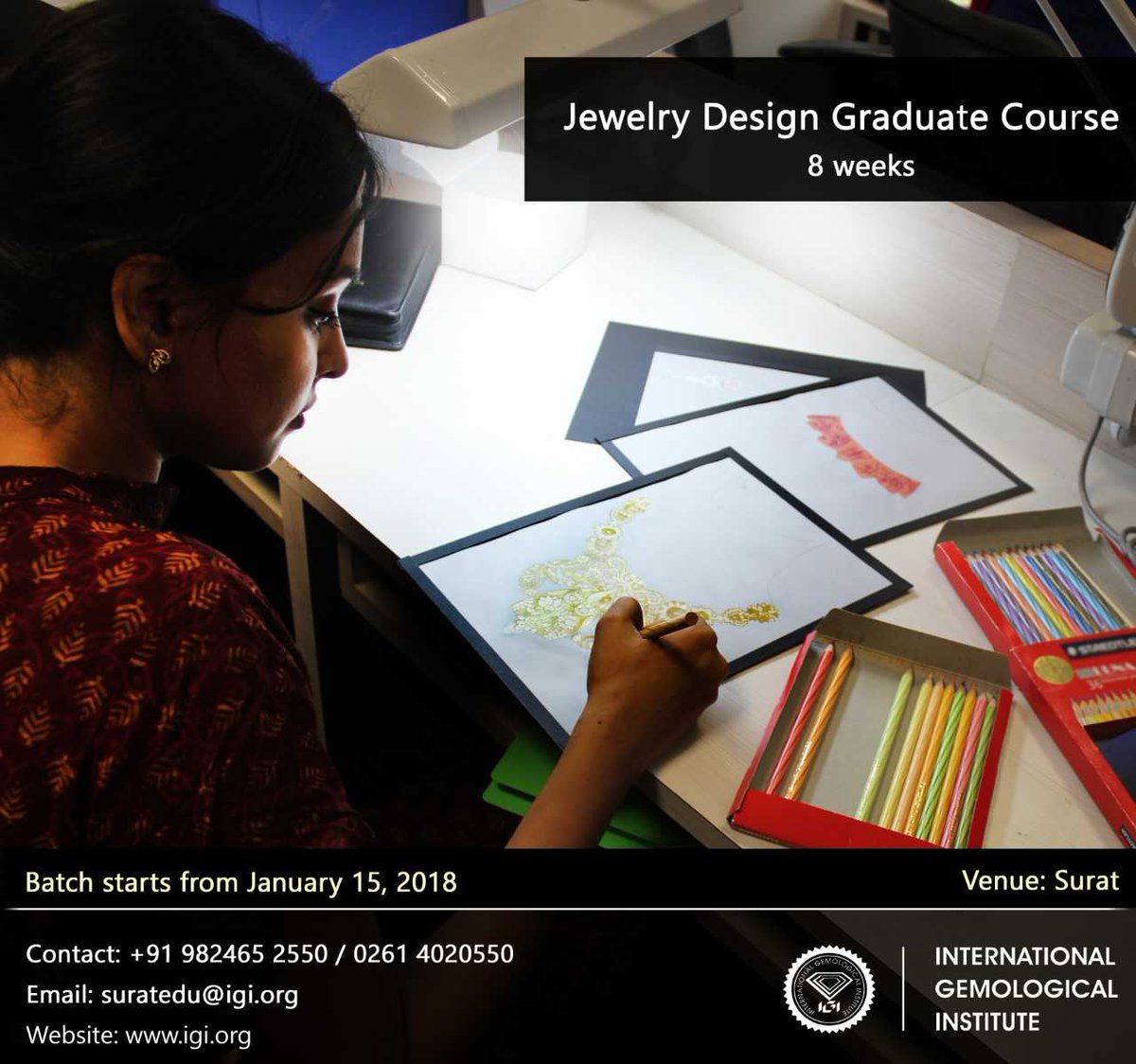 igiworldwide's tweet photo. From budgeting a design to creating it &amp; working towards your very own portfolio, the Jewelry Design Graduate Course is what you need to fine tune your imagination. 

Batches commence on January15, 2018 in #Surat.

#IGIIndia #JewelryDesignGraduate #DiamondCertification #Education https://t.co/fnJbVuIphL