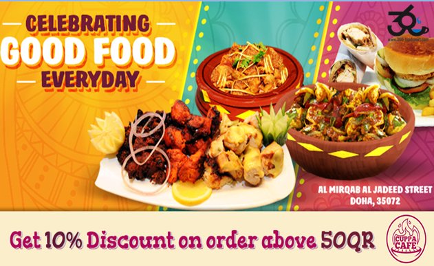 360Foodcourt's tweet photo. Enjoy Good Food Everyday! Get 10% off* on your food order above 50 QR at Cuppa Cafe Avail it now: 

https://t.co/3jEJuJ1C5Y *T&amp;C Apply. https://t.co/BV62oT6vKJ