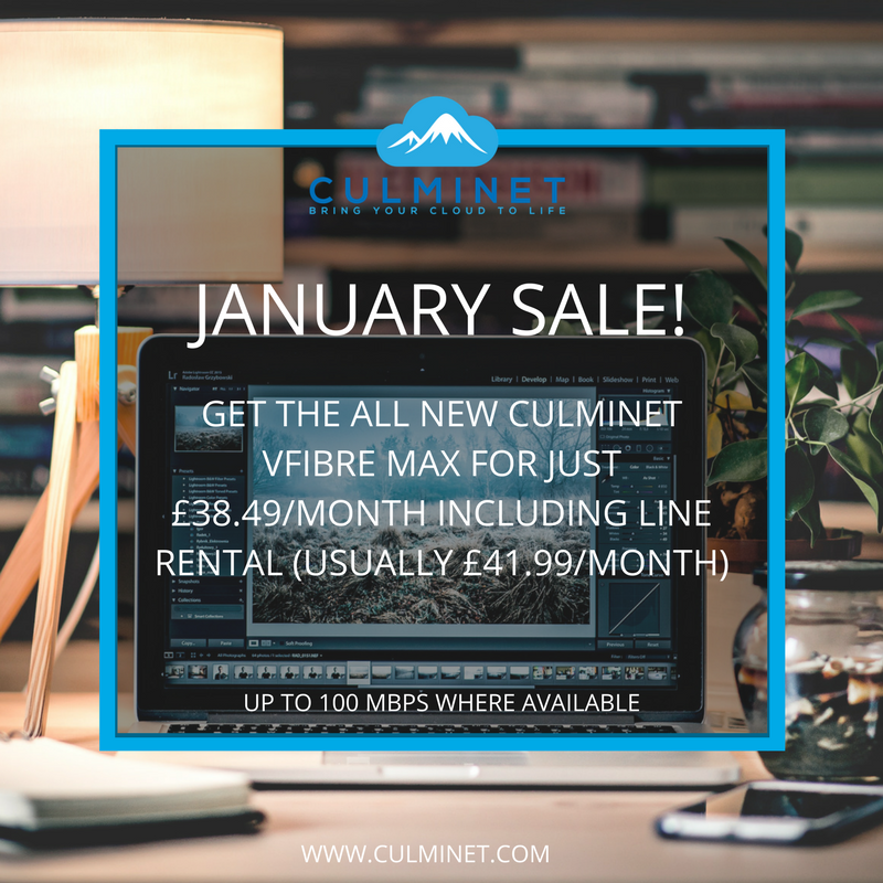 Culminet's tweet photo. JANUARY SALE | Our new Culminet vFibre Max - usually £41.99/month, but we are offering it for £38.49/month if you buy this January! Get in touch today at https://t.co/EMdeEsV5CR https://t.co/Lfq6e1ljj4