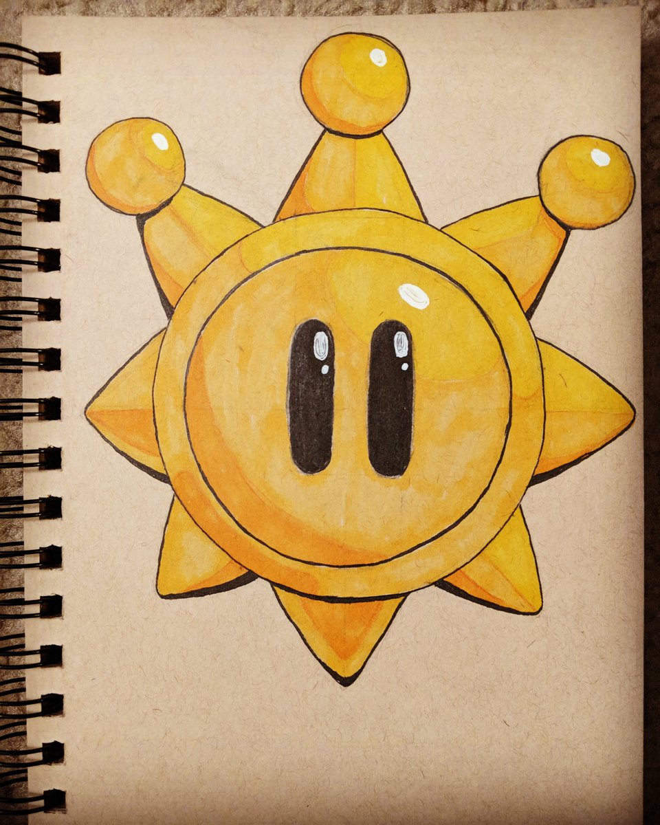 pvigil21's tweet photo. Wanted to try out using colors with the tan paper. Was watching the Super Mario Sunshine run on AGDQ and thought drawing a shine sprite sounded fun. Good job on the run @AverageTrey #supermariosunshine #agdq2018 #shinesprite #copicmarkers https://t.co/4UJqtt96J1