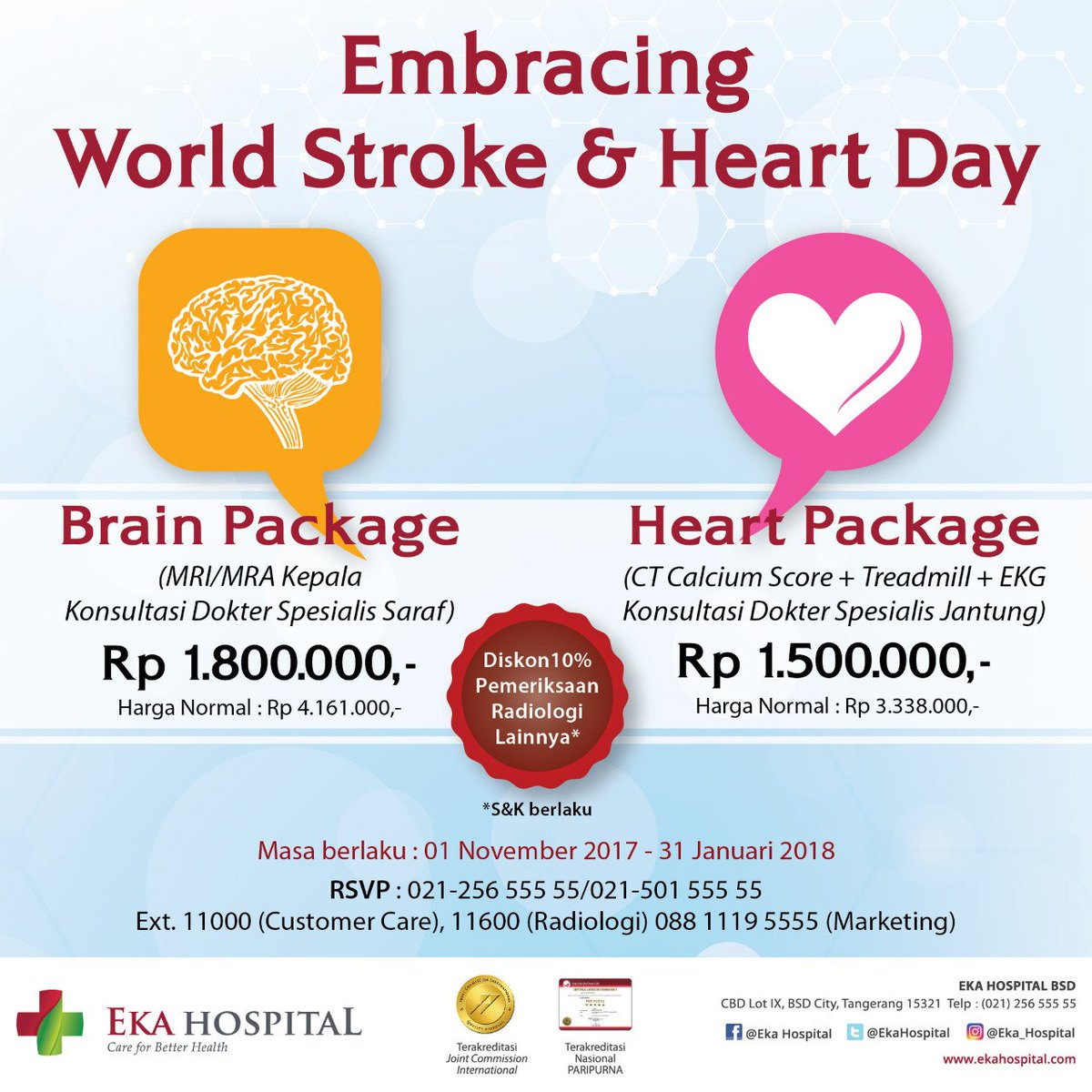 EkaHospital's tweet photo. Dapatkan harga spesial untuk Paket Brain & Heart di #ekahospital BSD hingga 31 Januari 2018. Info lebih lanjut: Customer Care Eka Hospital BSD (021) 25655555 ext 11000 atau 08811195555 (Marketing) #brainpackage #heartpackage https://t.co/fC1SVE3rsj