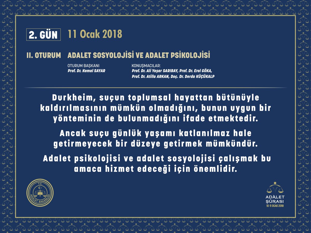 “Adalet Sosyolojisi Ve Adalet Psikolojisi” oturumu Prof.Dr. Kemal Sayar başkanlığında Prof.Dr. Ali Yaşar Sarıbay, Prof.Dr. Erol Göka, Prof.Dr. Atilla Arkan ve Doç.Dr. Derda Küçükalp ’ in katılımlarıyla başladı. #AdaletŞurası