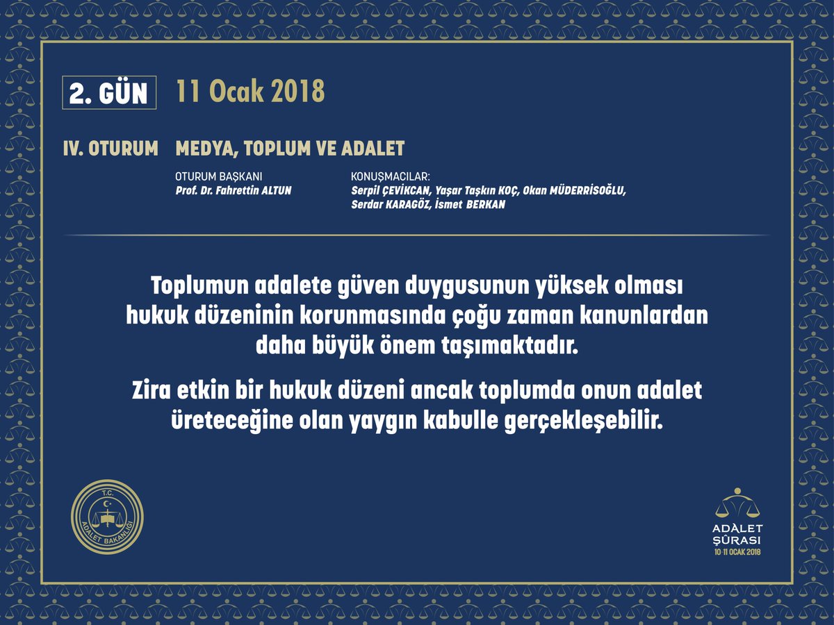 "Medya, Toplum Ve Adalet" oturumu Prof. Dr. Fahrettin Altun başkanlığında Serpil Çevikcan, Yaşar Taşkın Koç, Okan Müderrisoğlu,
Serdar Karagöz ve İsmet Berkan'ın katılımlarıyla başladı. #AdaletŞurası