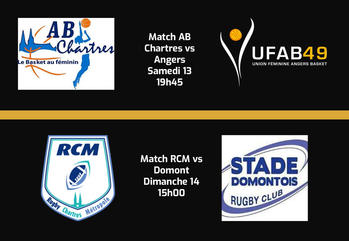 A vos agendas: Super week end en perspective sur chartres.live ! 
Nos chartraines de l'AB reçoivent samedi soir à Cochet le club d'Angers, et nos chartrains du RCM reçoivent dimanche après midi le Stade Domont Rugby Club ! 🏀🏉💪
Venez vibrer en direct avec nous !