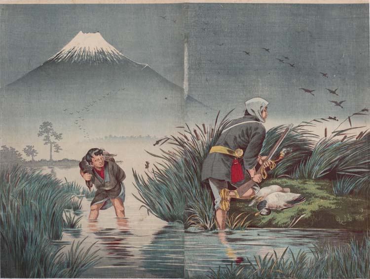 小林清親が描く猟師の親子。浮世絵版画に見えませんが、江戸時代と同じ