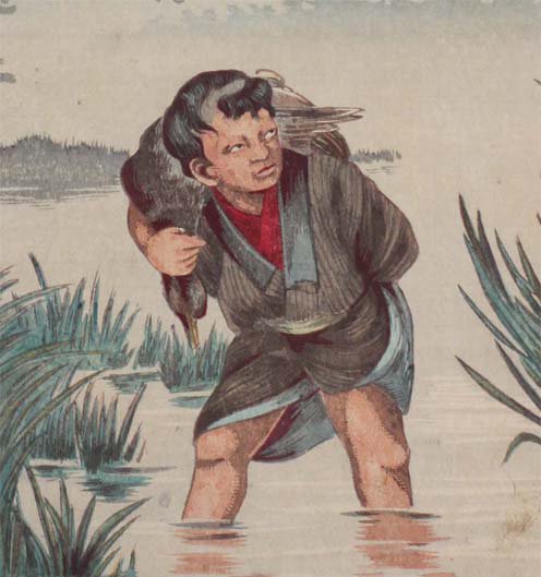 小林清親が描く猟師の親子。浮世絵版画に見えませんが、江戸時代と同じ