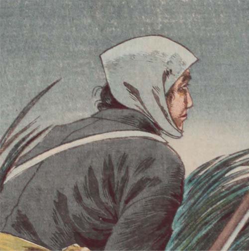 【稀少】「小林清親　鴨と枯蓮」　木版画 小林清親が描く猟師の親子。浮世絵版画に見えませんが、江戸時代と同じ