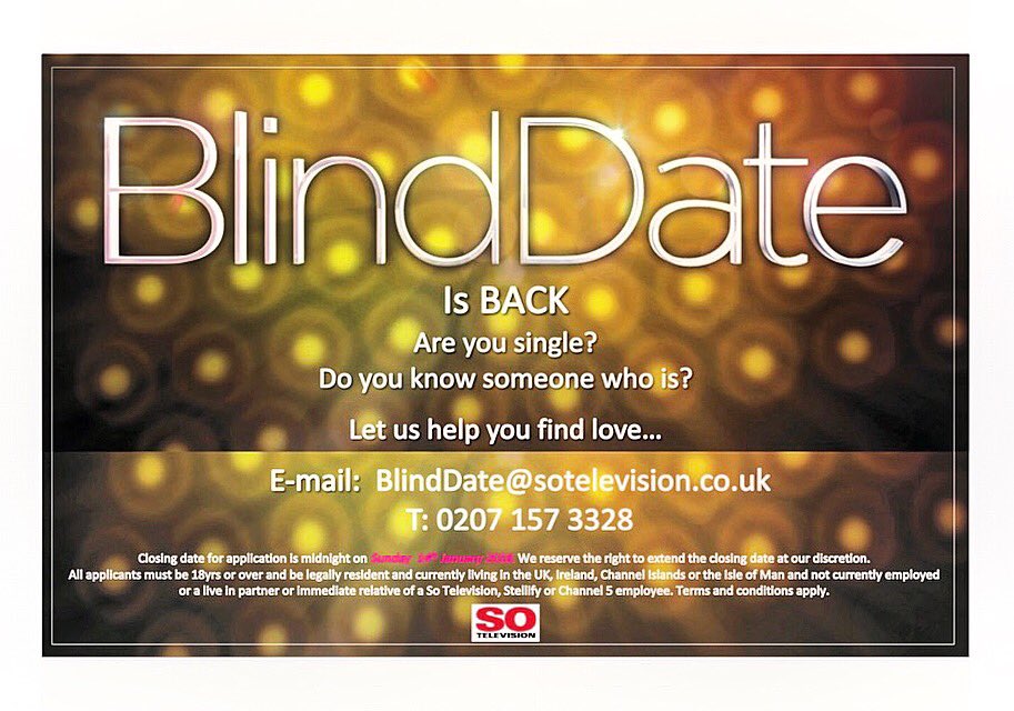 OTvcasting's tweet image. BLIND DATE is back for a second series!✨SO Television are looking fun singletons who are up for taking part in this ICONIC dating programme ❤️
If you know anyone who is interested then please share/tag and send us an email at BlindDate@sotelevision.co.uk 💕✨💕✨ #dating #love