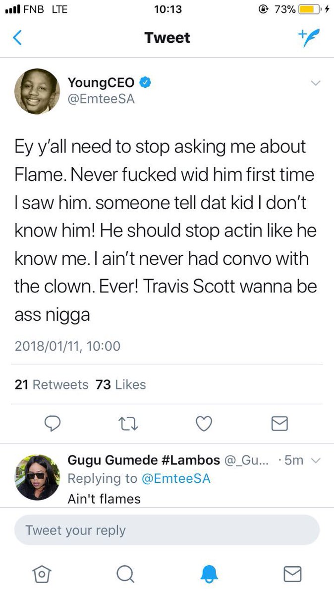 FlvmeSA's tweet image. Somebody tell this fuck nigga Emtee I said fuck him with a long one. 

Your days are numbered .
You’re out here missing with your music and becoming a real target. 

Look at you going off here about a whole lot of nothing. 
You’re slippin, composure is key at this point.