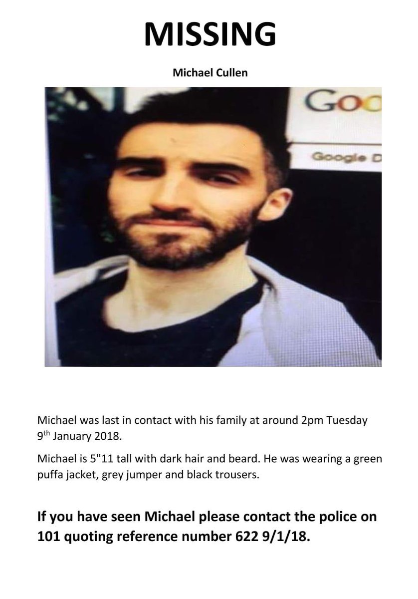 Please RT <a href="/iamcull/">Michael Cullen</a> (Michael Cullen) on NI missing persons list since Tue09Jan. Seen him recently? Please get in touch immediately.  Family extremely worried <a href="/BBCgmu/">Good Morning Ulster</a> <a href="/bbcnewsline/">BBC Newsline</a> <a href="/coolfm/">Cool FM</a> <a href="/UTVNews/">UTV Live News</a> <a href="/u105/">u105</a> <a href="/bbcradioulster/">BBC Radio Ulster</a> @talkRADIO @goQradio <a href="/downtownradio/">Downtown Radio</a> <a href="/TodayFM/">Today FM 💛</a> <a href="/RTE2fm/">RTÉ 2FM</a> <a href="/rtenews/">RTÉ News</a>