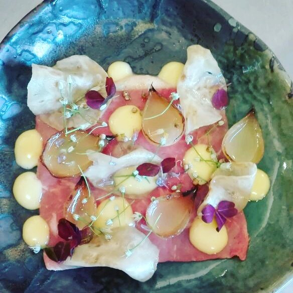 Beef carpachio, smoked radish puree, Cumin pickled celeriac, baby brule onions, mushroom soy, mayonnaise, chive flowers, wood sorrel. <a href="/fRANAzzZ/">Fran_azzz</a> <a href="/creationwines/">Carolyn Martin</a>
