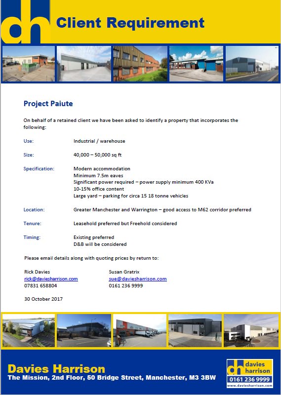daviesharrison's tweet photo. We are updating our search report for this requirement originally issued in October 2017. Should you have any properties you feel would suit this requirement please forward information through to Sue at the office. #industrial #Warehouse #lookingtorent #clientrequirement https://t.co/3abEKMsEh4