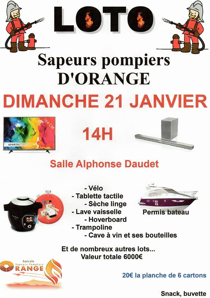 BonsPlansOrange's tweet photo. Avis aux amateurs de #loto, Les Sapeurs Pompiers d'Orange organisent leur loto le dimanche 21 janvier à la salle Alphonse Daudet.
Tous les bénéfices seront reversés à l'amicale.
Détails des lots > http  ://  https://t.co/pmnxFDIxKd
#SortiraOrange https://t.co/QmZTR5CpD5
