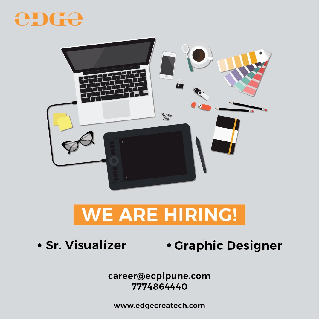 EdgeCreatech's tweet photo. We are Hiring!
1. Sr. Visualiser (3 to 5 years minimum experience)
2. Graphic Designer (0to 5 years experience)

Send your resume and portfolio at career@ecplpune.com or call +91 777 4864 440

Note: A background experience in an advertising agency will be preferred.

#DigitalEdge https://t.co/UkgOwfjxkP