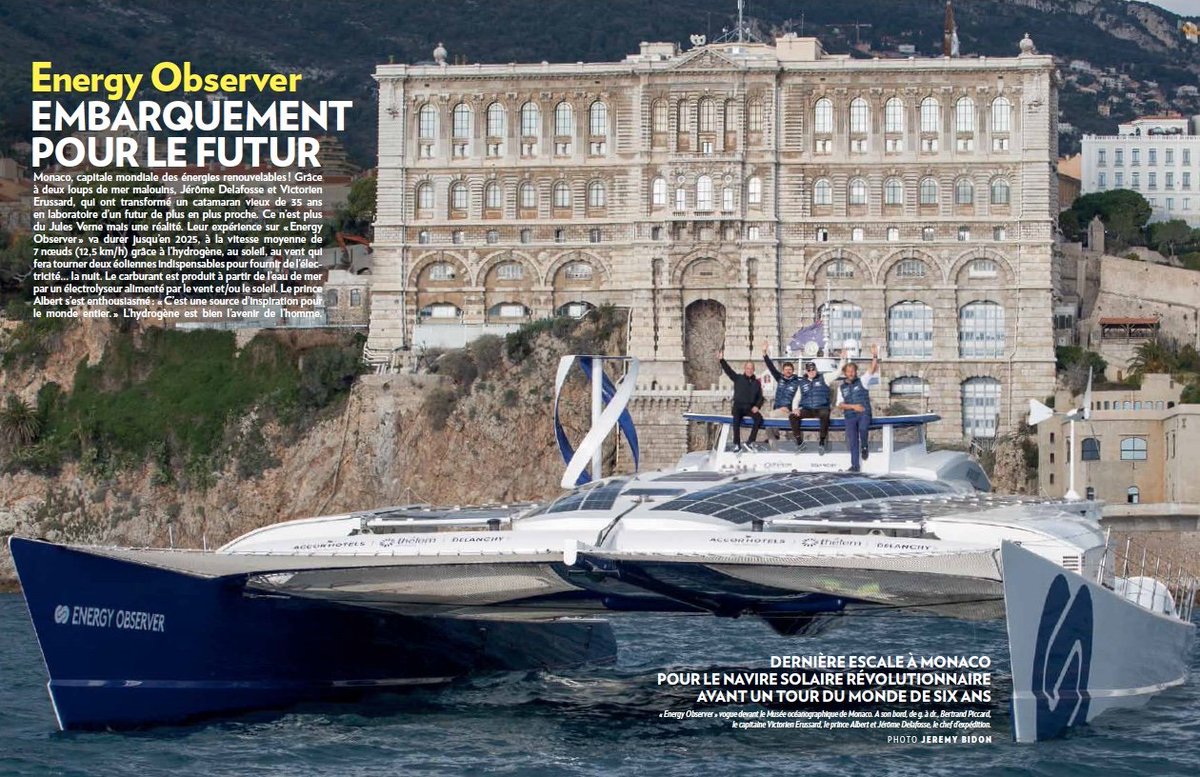 energy_observer's tweet photo. 🗞️#EOnews🗞️Cette semaine, embarquez pour le futur avec @ParisMatch ! A bord: SAS le Prince Albert II de #Monaco, @bertrandpiccard président de la fondation @solarimpulse, @VicErussard, capitaine et président d'#EnergyObserver et @j_delafosse, chef d'expédition #FutureIsClean https://t.co/REfUXyejlx