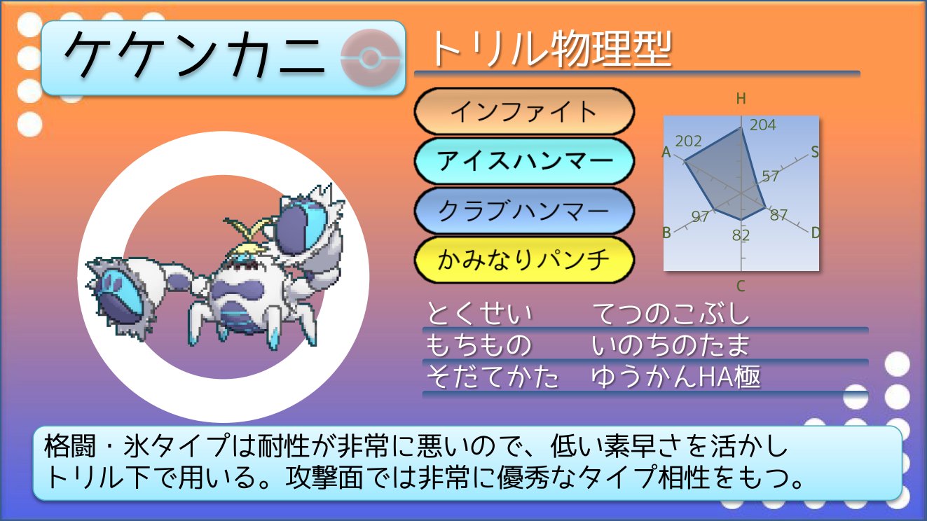 てつぼう ポケモンusum育成サンプル トリル用ケケンカニ 説明と矛盾しますが 今の環境では格闘 氷の組み合わせだと止まる相手がそこそこいるので サブウェポンの選択が重要です T Co Wncgzspv2t Twitter
