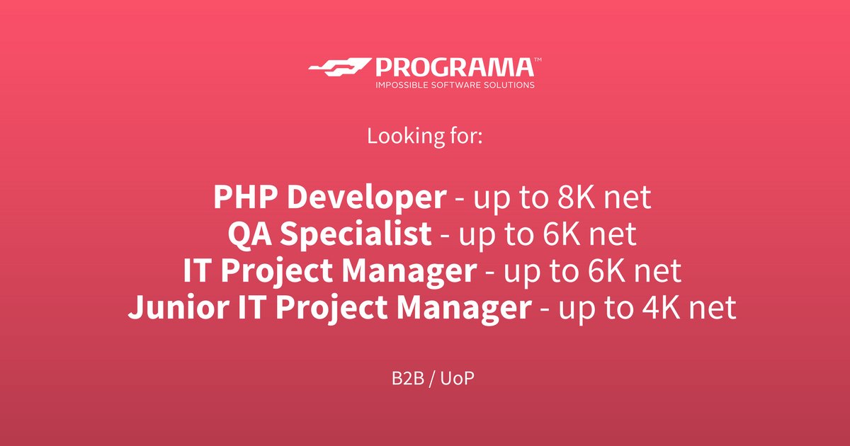 Programa_TM's tweet photo. Join Programa™ team! We're looking for talented, full of positive energy people who want to develop their skills.  ➡ PM - https://t.co/Y3RNbmfp0R , ➡ Junior PM - https://t.co/kQg46slg9k , ➡ PHP Developer - https://t.co/BHZ1mHyI45, ➡ QA Specialist  - https://t.co/RX7aRgWqWf https://t.co/gm6H6Yw3vy