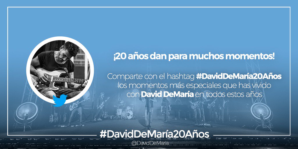 Comienza la cuenta atrás!! 🕛👏🏻 Estos 20 años de carrera no habrían sido posibles sin vosotros, por eso, compartamos todos juntos los momentos vividos durante todos estos años con el hashtag #DavidDeMaría20Años. ¡Habrá alguna sorpresa! 😙🎶💚