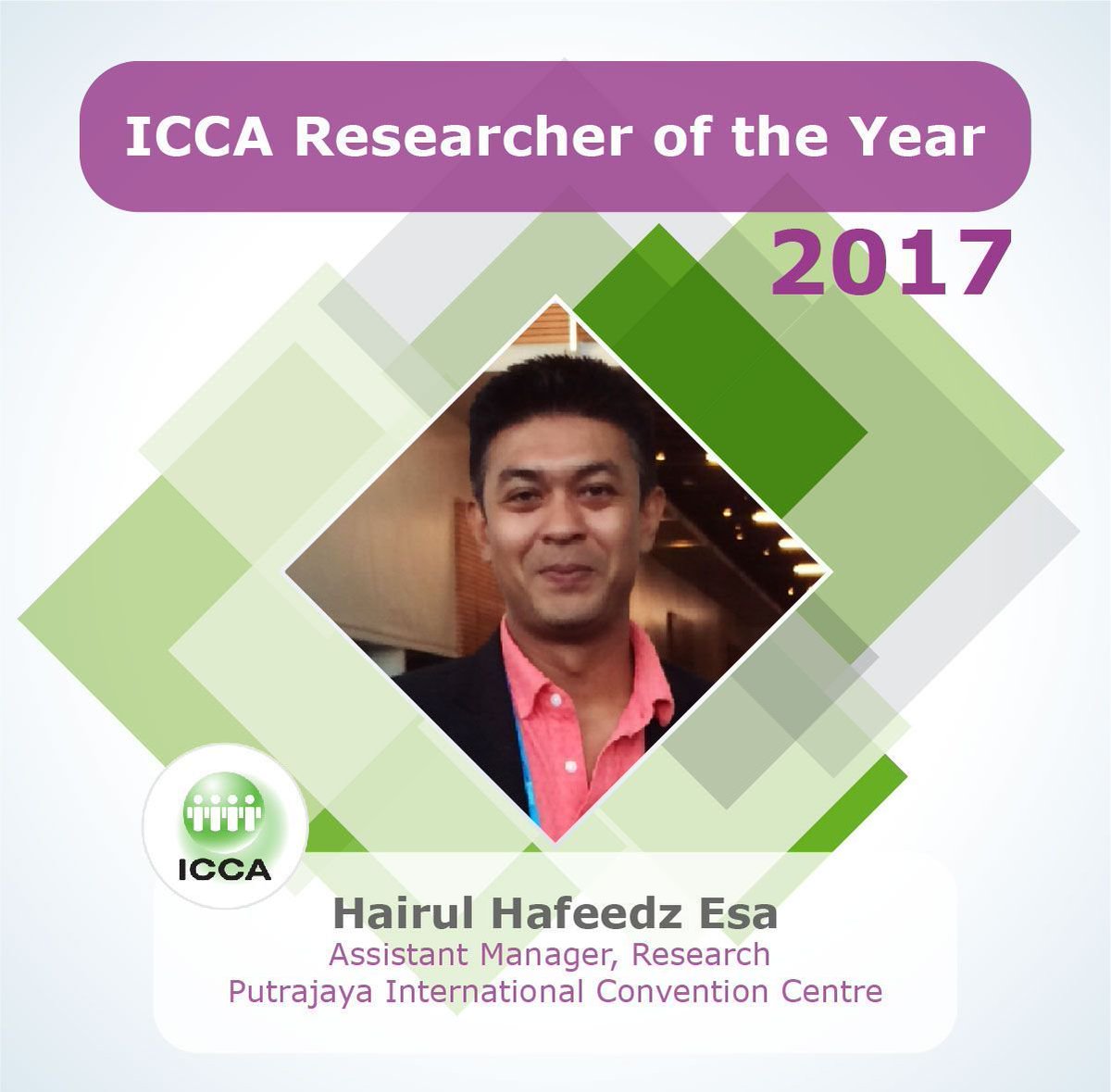 ICCAWorld's tweet photo. Congratulations to our Researcher of the Year for 2017: Hairul Esa from Putrajaya International Convention Centre! Thanks for your valuable contributions to the #ICCAWorld database over the past year. https://t.co/qIC32wCuP8 #ICCAFriends @MyCEB https://t.co/Zq1Qzu2v5W