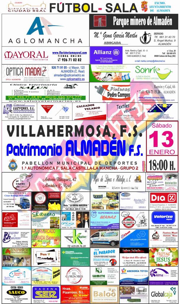 Patrimonio Almadén FS después de la parada de Navidad vuelve a jugar en nuestro Pabellón Municipal.
Sábado 13 de Enero a las 18:00 horas 
<a href="/almadencf/">Patrimonio AlmadénFS</a> Vs <a href="/VillahermosaFS/">Villahermosa F.S.</a> 
Te esperamos para apoyar a nuestro equipo.