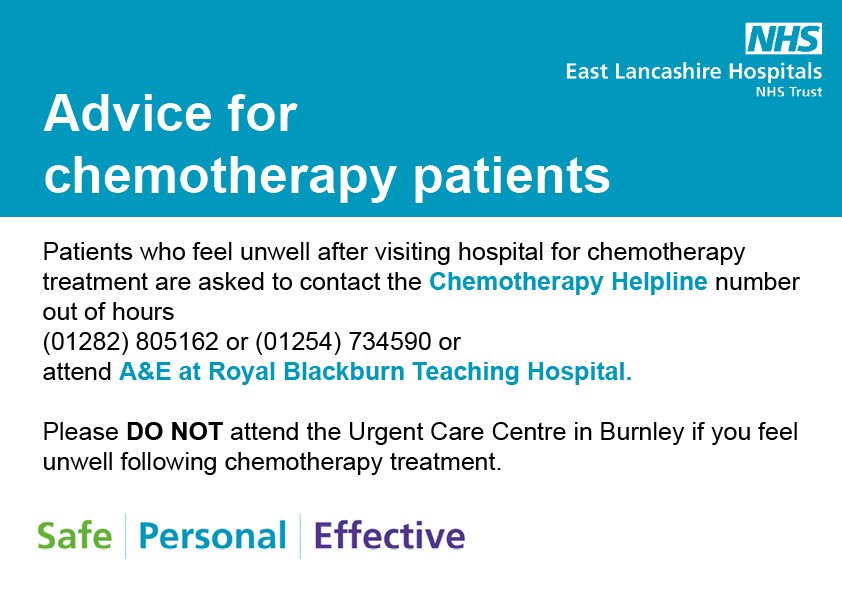 ELHT_NHS's tweet photo. Advice for chemotherapy patients. If you are feeling unwell please ring our hotline for advice! https://t.co/OMxIxW0naS