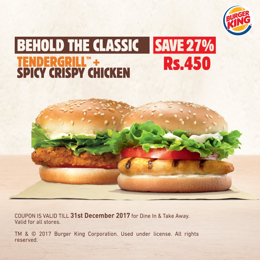 BurgerKingPak's tweet photo. Coupon validity extended to 15th January 2018!
Enjoy #TenderGrill + #SpicyCrispyChicken for just Rs. 450 with #BurgerKingPakistan’s #ecoupons
*Offer valid on dine- in and take away
*Avail offer by presenting printout of ecoupon
*Offer extended t0 15th January 2018 https://t.co/pRCdaXSIHr