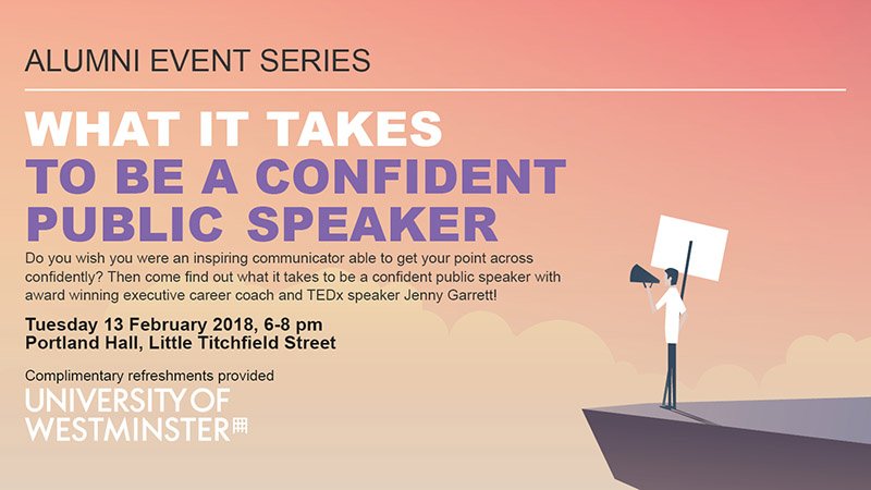 Award-winning career coach and <a href="/uw_alumni/">University of Westminster Alumni</a>, <a href="/JenniferGarrett/">Jenny Garrett OBE</a> is giving tips and advice on how to be a confident public speaker at the next #WhatItTakes event 👉  goo.gl/XmrWZw