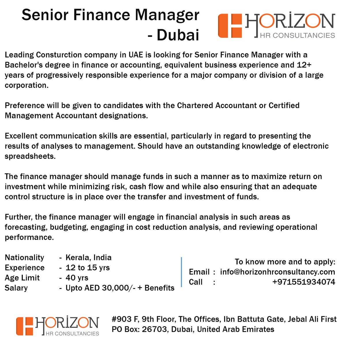 Horizon Capital Hr Consultancies On Twitter Senior Finance Manager - 