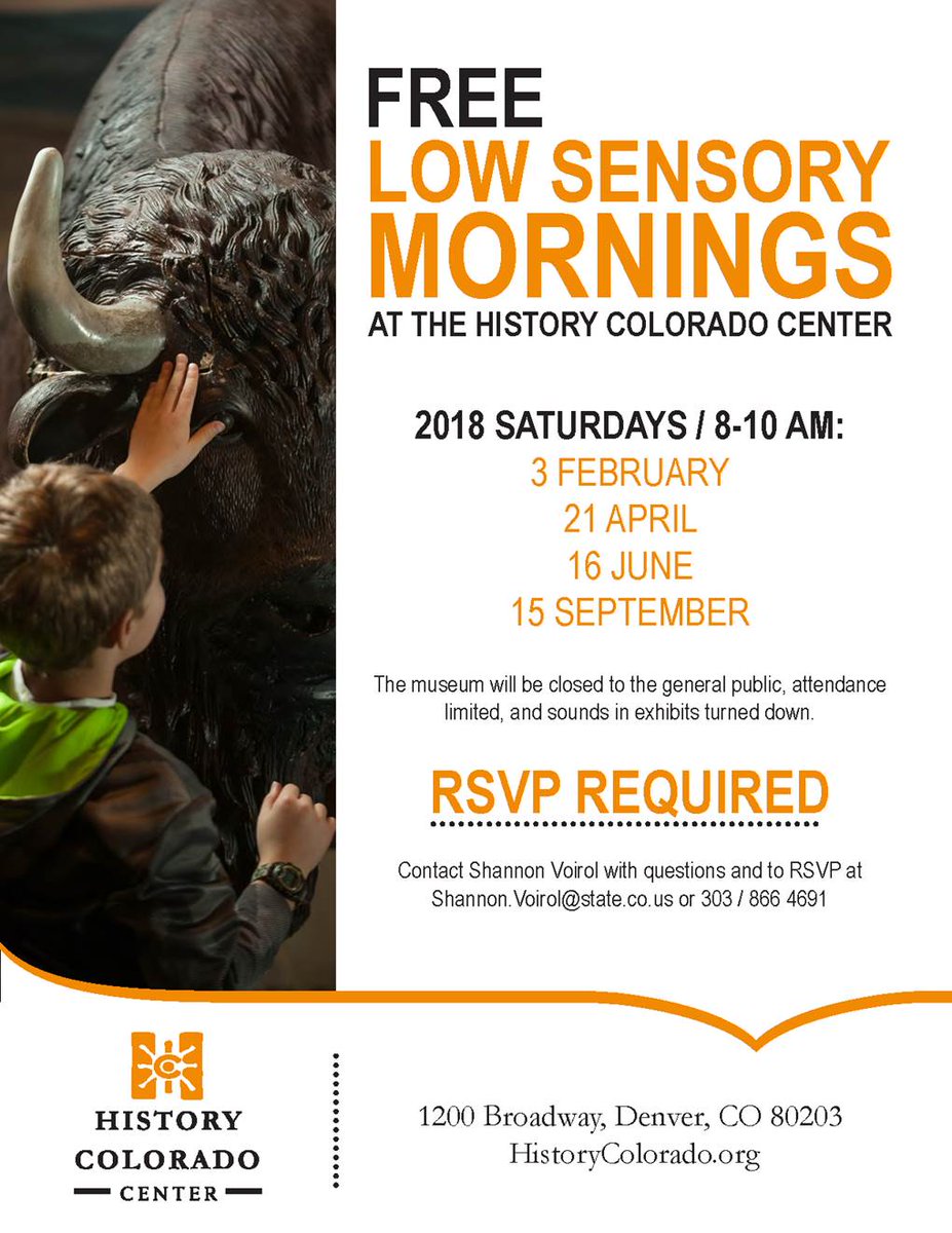 TheArcPPR's tweet photo. History Colorado Center will offer FREE Low Sensory Mornings on the following Saturdays from 8-10 am 2/3, 4/21, 6/16, &amp; 9/15. RSVP shannon.voirol@state.co.us, or 303-866-4691. The museum will be closed to the general public, attendance limited &amp; sounds in exhibits turned down. https://t.co/WcoKHrjmTF