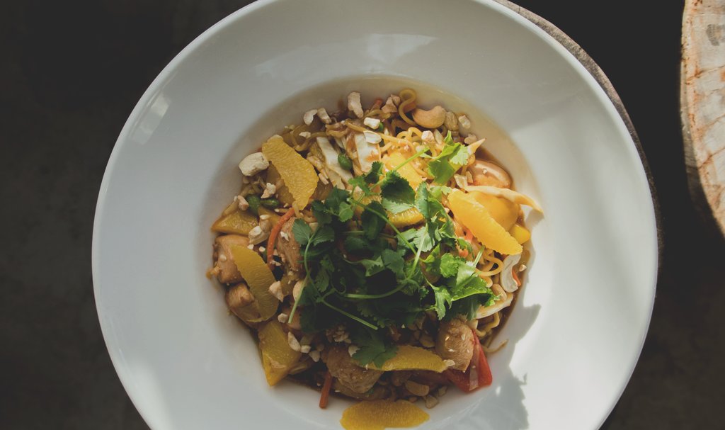 Today's special: spicy orange ginger chicken and ramen stirfry. 
Nothing like a little spice and citrus to brighten up a cold winter day!