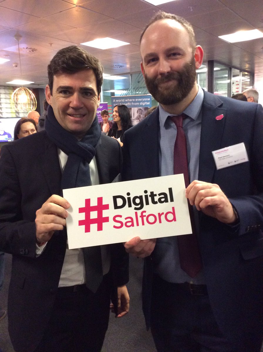 ShapingSalford's tweet photo. Two mayors walk into a #DigitalSalford launch event. There’s a joke there somewhere. @salford_mayor  @AndyBurnhamGM 😂 https://t.co/dAouPQEwyd