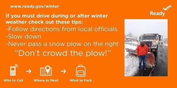 StlCoOEM's tweet photo. Stay off roads during &amp; after a #WinterStorm. If you must drive "Don't Crowd the Plow!" #WinterSafety #STLwx https://t.co/BxQLayju2P