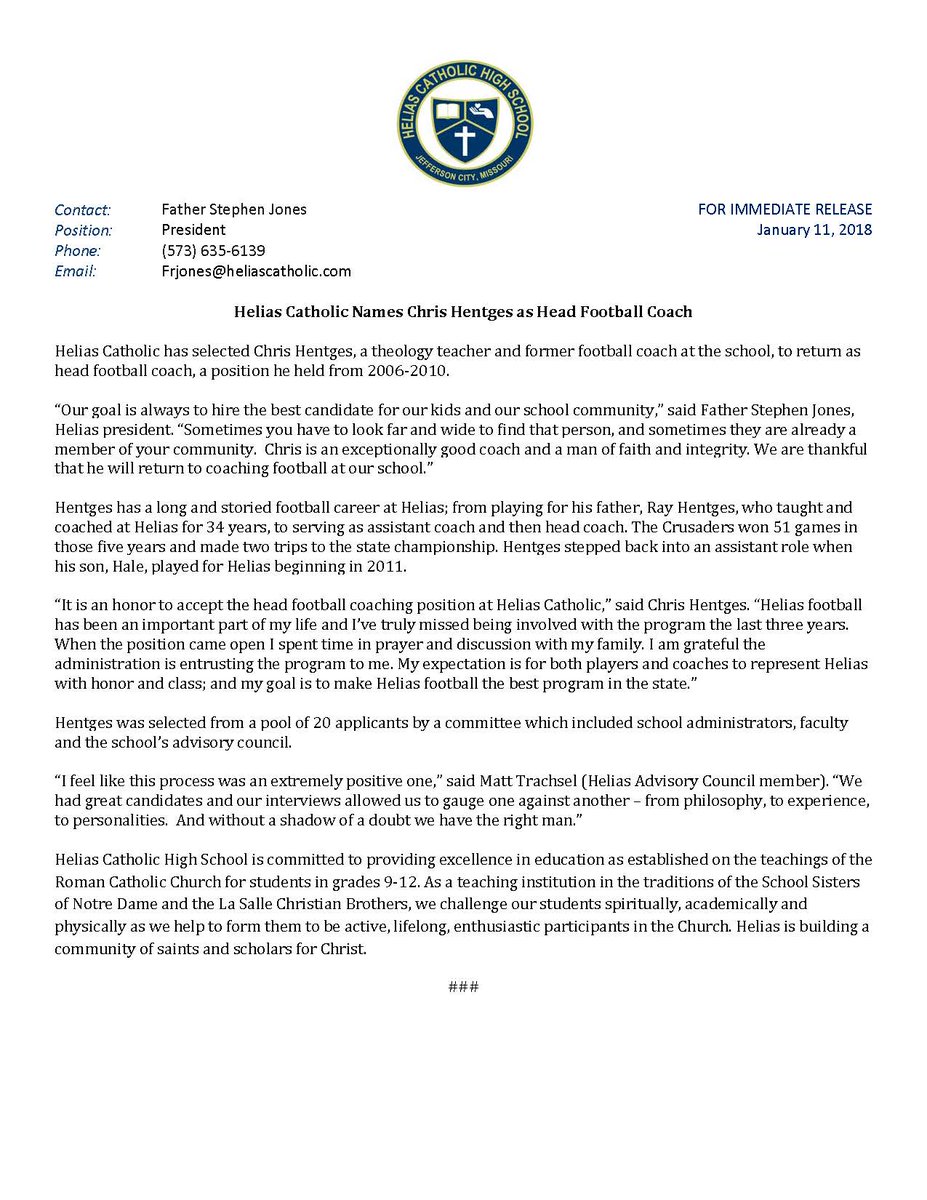 heliascatholic's tweet photo. We are excited to announce Chris Hentges has been named as our new head football coach! #saderstrong #crusaderlegacy https://t.co/ALwgNPTxWf