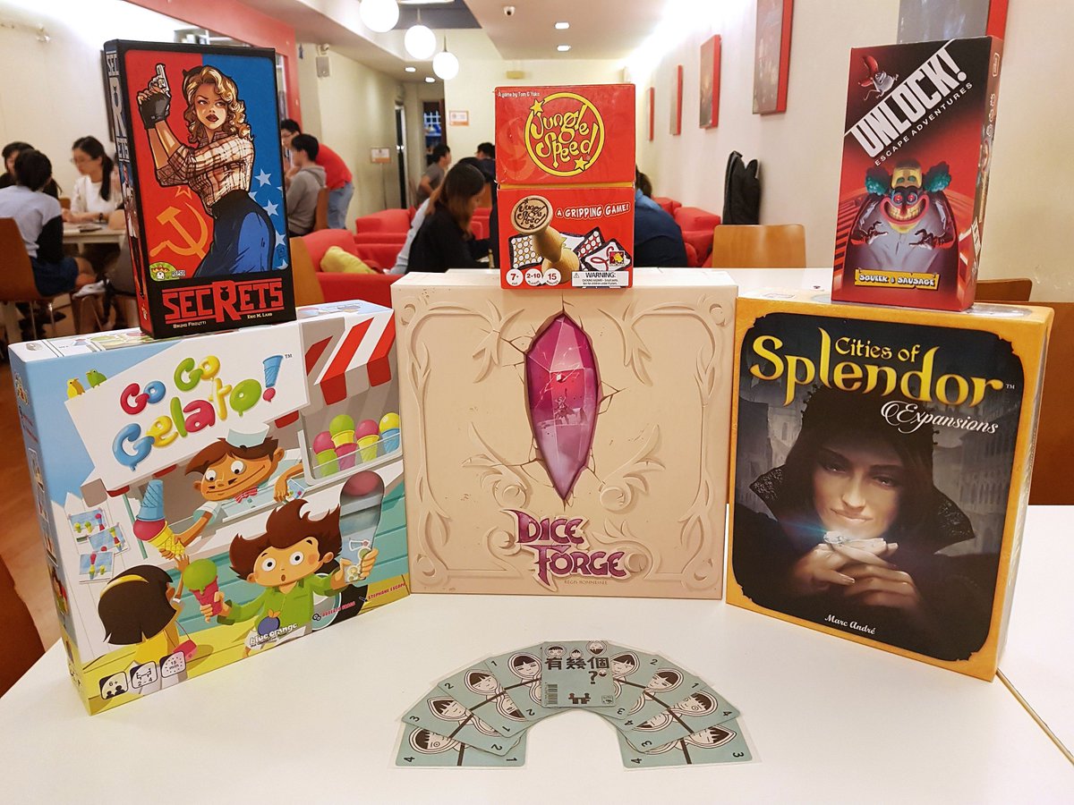 meeplescafe's tweet photo. 7 new games added to our game library! #DiceForge #GoGoGelato #Secrets #Unlock #HowMany #CitiesofSplendor #JungleSpeed #meeplescafe https://t.co/CFdBk9DYh5