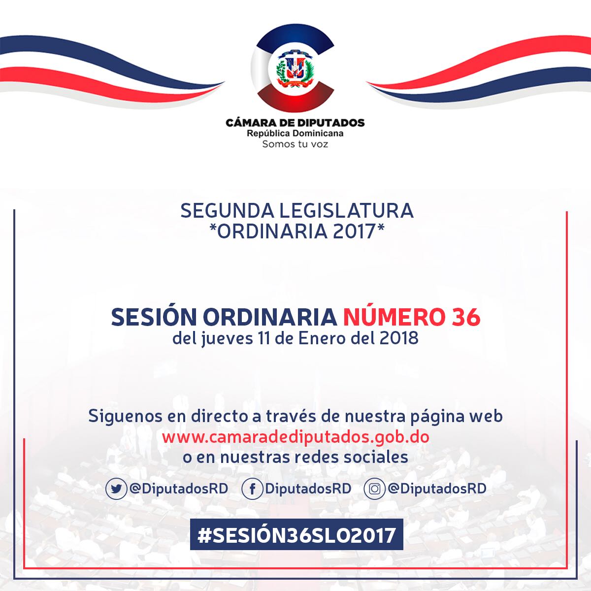DiputadosRD's tweet photo. En breve inicia la #Sesión36SLO2017 de este jueves 11 de enero de 2018, Segunda Legislatura Ordinaria 2017, #SLO2017 https://t.co/pPJA8SgIKV
