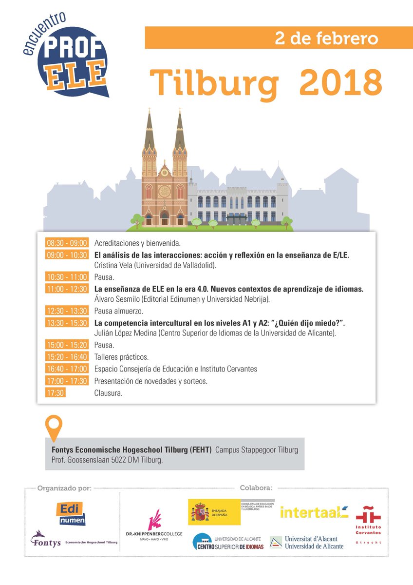 Edinumen's tweet photo. ¡Vamos arrancando con el año nuevo! Interacciones, competencia intercultural y nuevos contextos de aprendizaje en ELE. ¡No te pierdas nuestro programa!

🇳🇱II Encuentro ProfELE Tilburg 2018 (2 de febrero).

*Inscripción con descuento antes del 14 de enero de 2018. https://t.co/6e1MQF6u2B