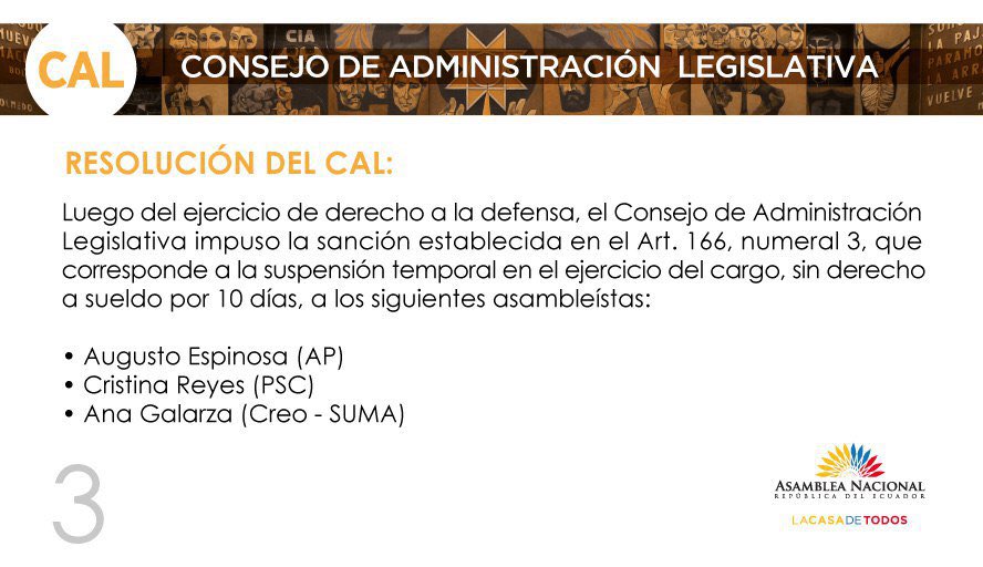 AsambleaEcuador's tweet photo. Compartimos las resoluciones adoptadas por el Consejo de Administración Legislativa CAL respecto a solicitudes de sanción en contra de varios asambleístas. https://t.co/03NOBzTtXD