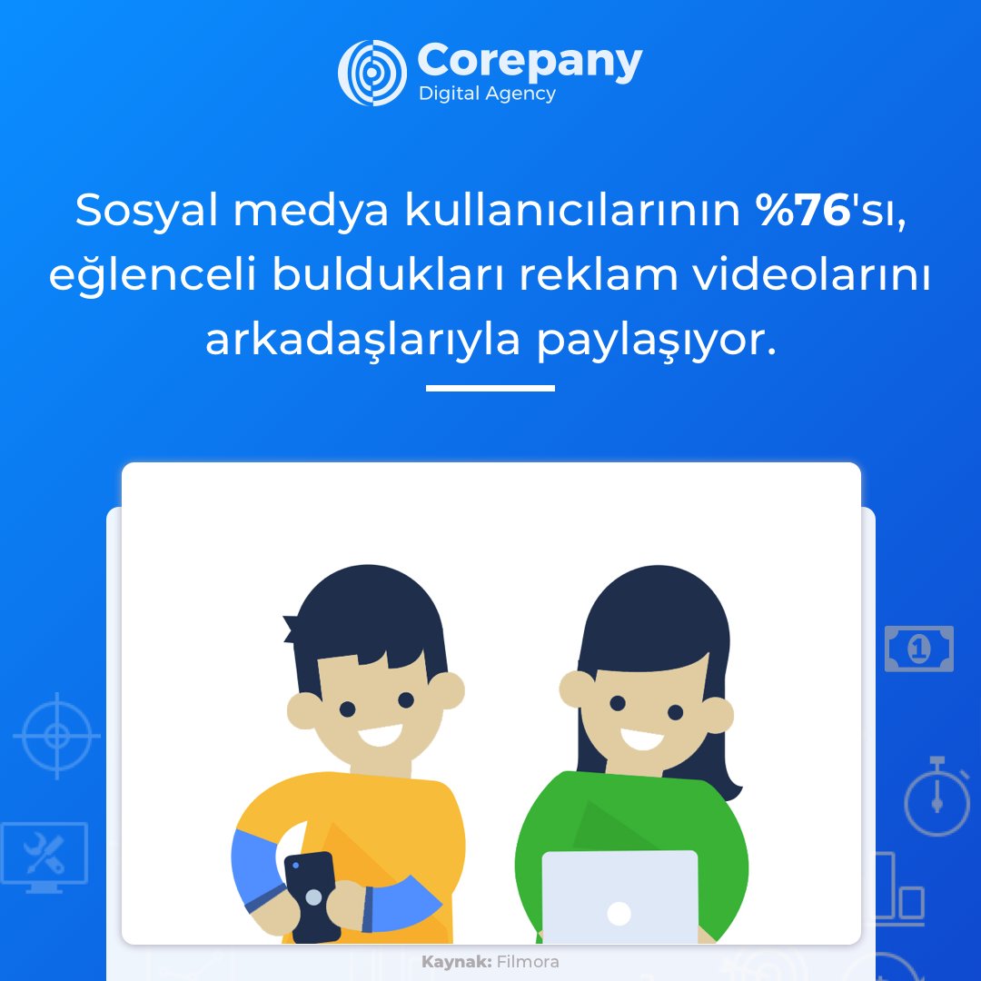 corepany's tweet photo. Sosyal medya kullanıcılarının %76'sı, eğlenceli buldukları reklam videolarını arkadaşlarıyla paylaşıyor. 📢

#sosyalmedya #video #reklam #dijitalpazarlama #eticaret https://t.co/OKrMC2E5Yr