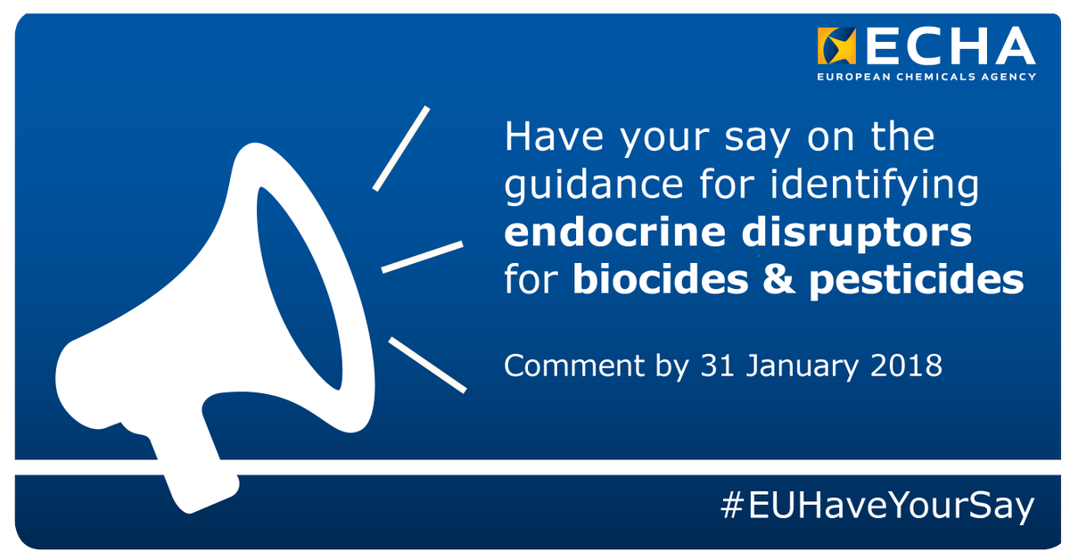 EU_ECHA's tweet photo. Give your comments on the draft guidance for identifying #EndocrineDisruptors for #biocides and #pesticides. The document has been prepared by @EFSA_EU, @EU_ECHA and @EU_ScienceHub 

📣#EUHaveYourSay by 31 January 
➡️https://t.co/I5RerpRqbt https://t.co/1idz0AzsQg