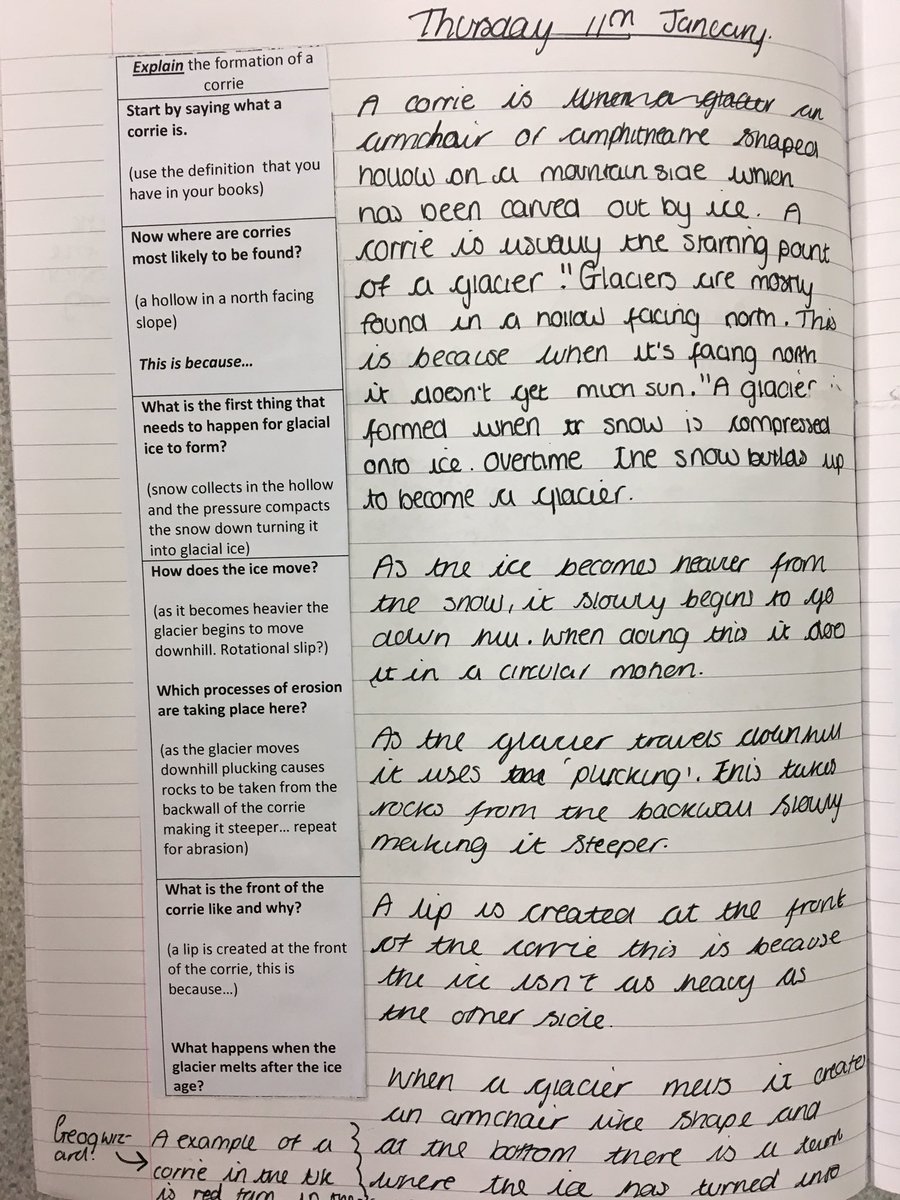 9E3 were using structure strips again today as part of our whole school extended writing focus and to practice the formation of glacial landforms. Well done Brandon and Robert for your great examples! 👍🏻🌎❄️🏔 #extendedwriting #structurestrip