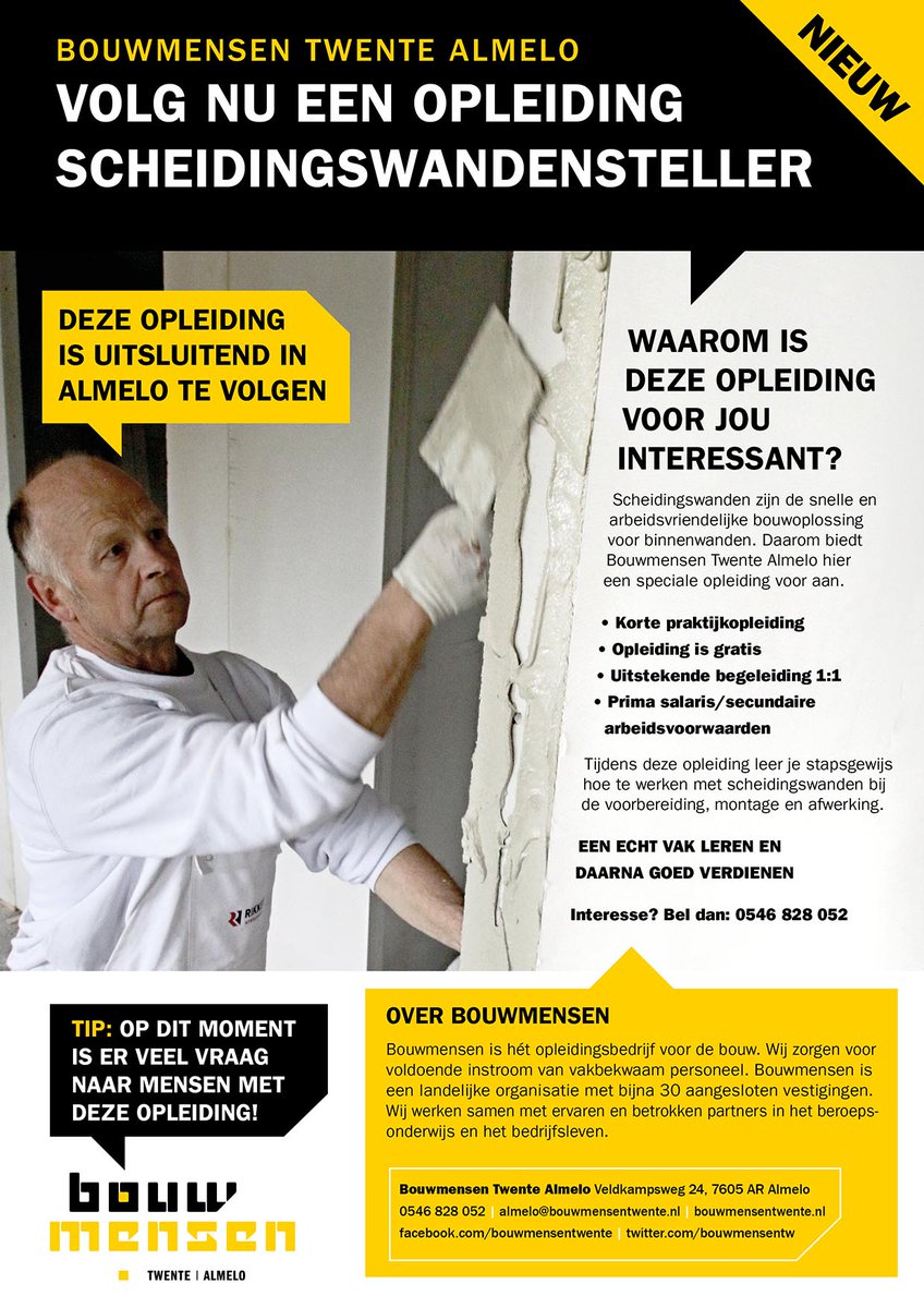 Nieuwe opleiding bij Bouwmensen Almelo. Praktijkopleiding tot Wandensteller. Afbouwbedrijven hebben voldoende werk!!