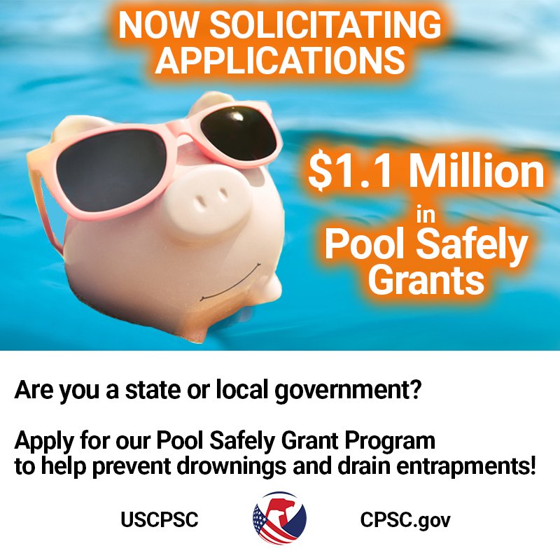 A piggy bank in a swimming pool wearing sunglasses. Text reads, "Apply now for CPSC's Pool Safely Grant Program."
