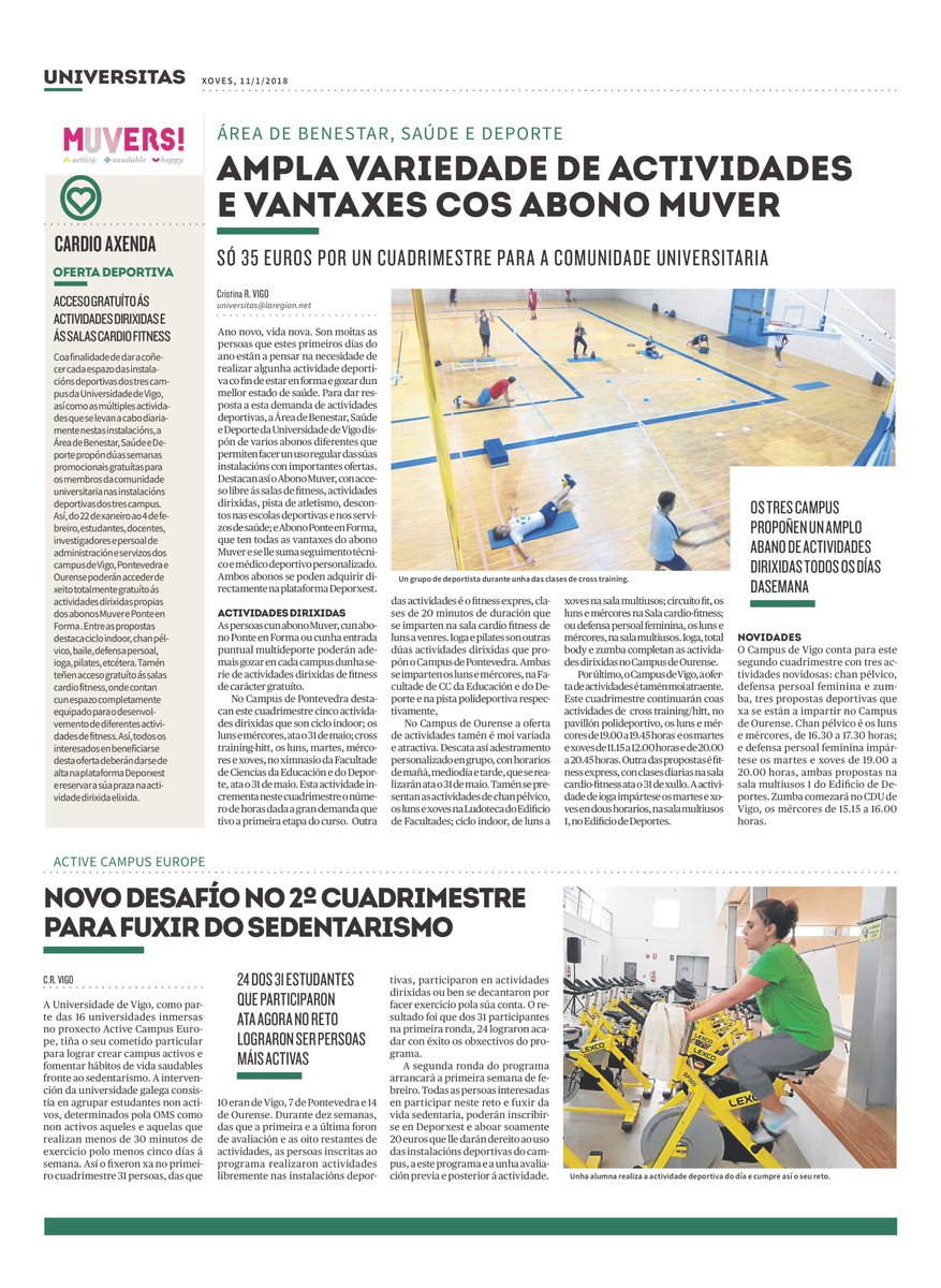 mUVersUvigo's tweet photo. Prensa, prensa! As nosas novas no primeiro #Universitas do ano do @AtlanticoDiario e @LaRegion!! #ACE #Muver #beactive #movemorefeelbetter https://t.co/EhOrQPM0gk
