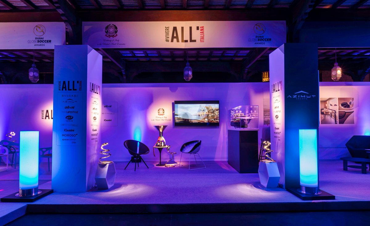 Globe_Soccer's tweet photo. Our sincere thanks and appreciation to the Embassy of ๐ฎ๐น Italy in the UAE and to #Bulgari, #AzimutYachts, #Infront, #NeroLifeStyle, #SerieATIM, #Cruciani, #iGuzzini, #Moroso & #spacecannon, the fantastic sponsors of the #vivereALLitaliana lounge at the 2017 #GlobeSoccer Awards! https://t.co/H8SoBvVGy6