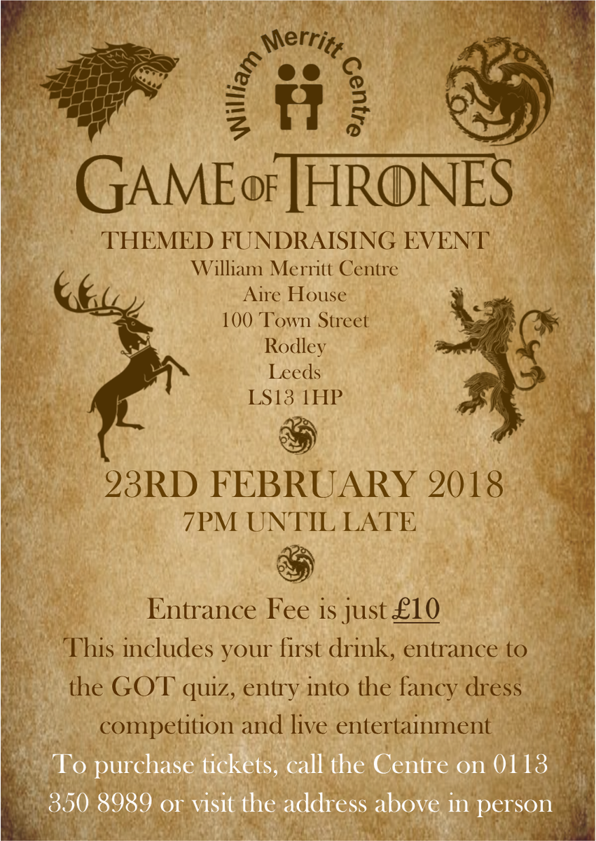 WMDLC's tweet photo. Tickets now on sale for our Game of Thrones themed fundraising event on 23/02/18 from 7pm until late. £10 entry which includes a free drink, live entertainment, quiz, raffle and costume competition. Get your tickets before they sell out! #gameofthrones #fundraising #wmdlc https://t.co/yTrO0hqmh1