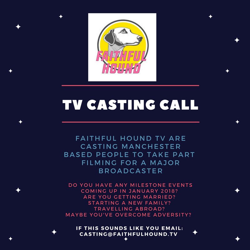 People of #Manchester! Fancy being involved in a new series for a national broadcaster? Well Faithful Hound will be whizzing our way to you next Weds to shoot our exciting series and want you to be our stars. #casting #nightout #beontv #castingcall <a href="/Castingfortelly/">Casting for Telly</a> @GETMEONTHETV