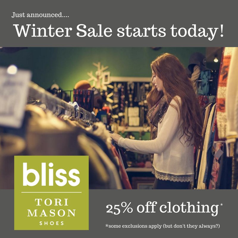 Looking to freshen up your closet for the new year? Then hurry down....all clothing is now 25% off! 
.
.
#bliss #torimasonshoes #blissknoxville #shopinbliss #liveinbliss #knoxville #knoxvilleboutique #knoxrocks #shopblissfully #newyearnewyou #sale #wintersale #clothingsale