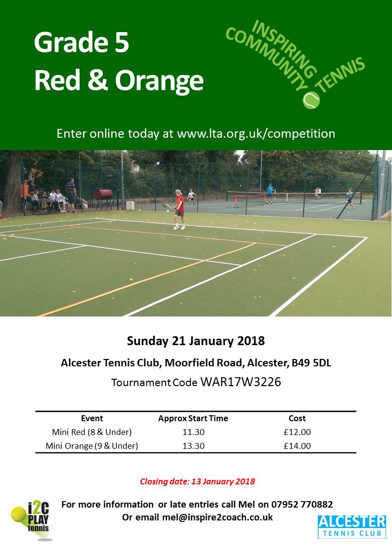 ICTTennis's tweet photo. Grade 5 Red &amp; Orange events Sunday 21 January Alcester Tennis Club
Entry closes 13 Jan https://t.co/VP8gsbMHlV
#COMPETE! @handwtennis @MidsTennis @WarwickshireLTA @TennisShrops @TennisOxford https://t.co/k0ZD8jArLg
